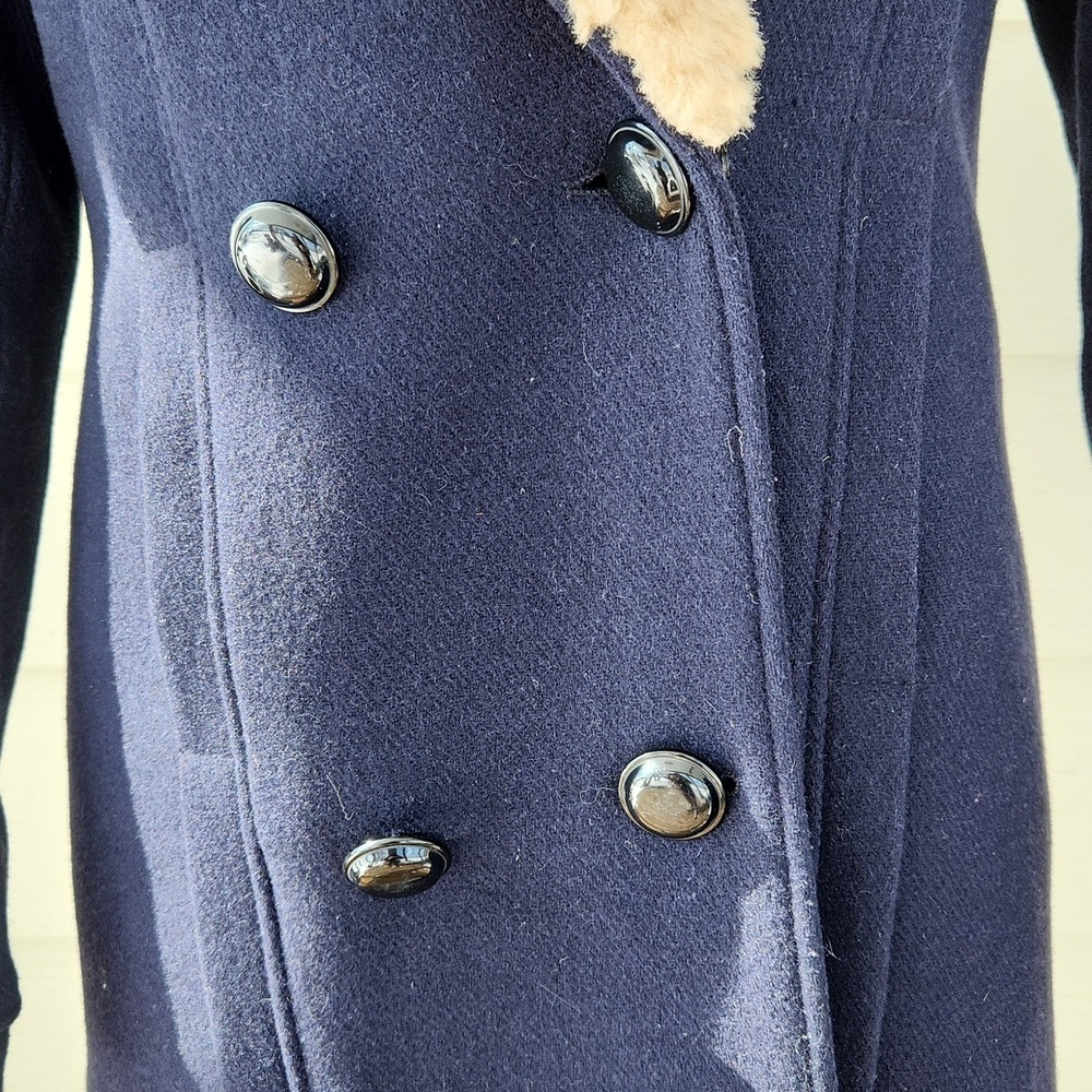 ZARA Trafaluc Outerwear Navy Wool Double-breasted Coat Faux Fur Collar (S) - Picture 6 of 16